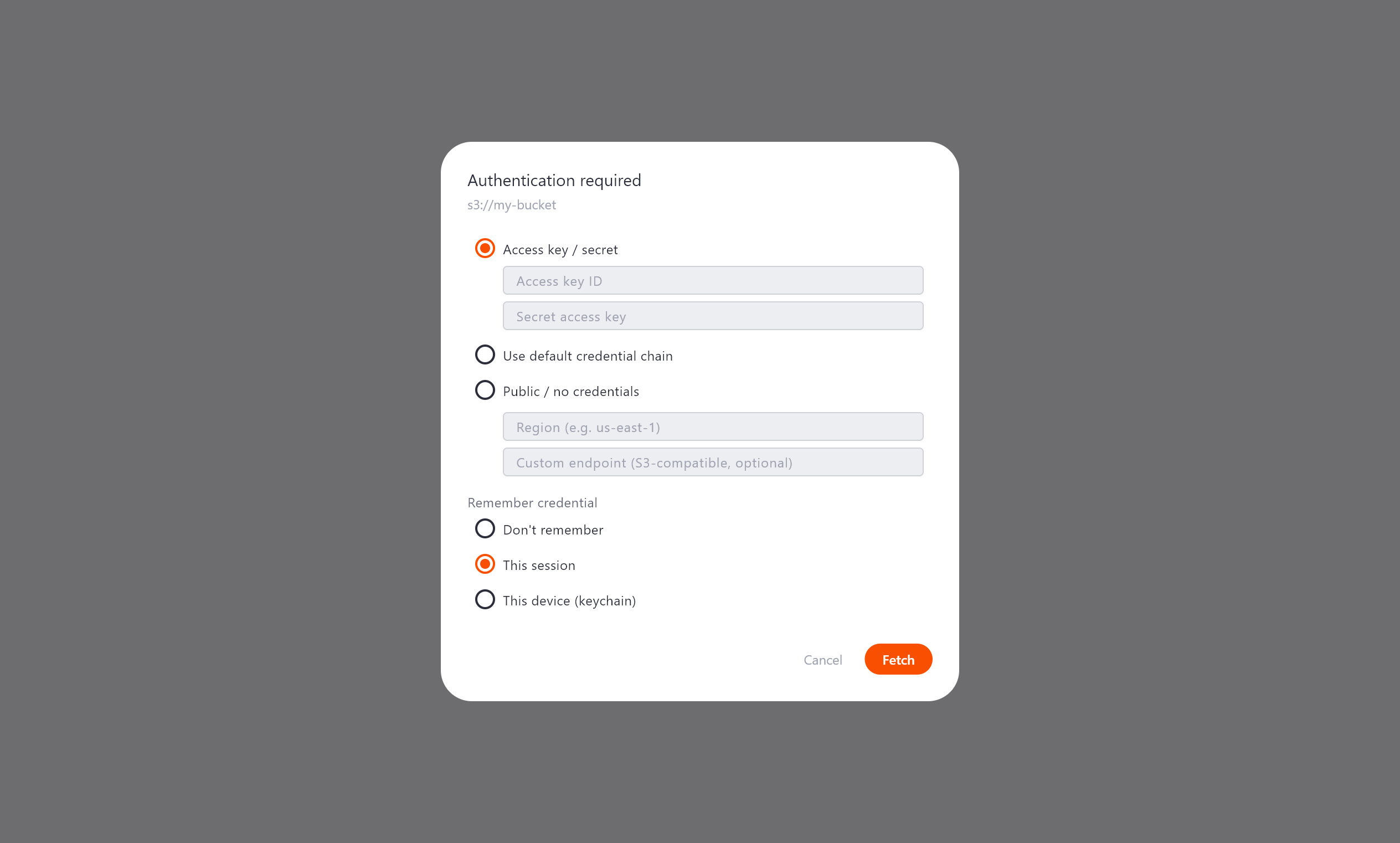 The cloud (S3) credential dialog